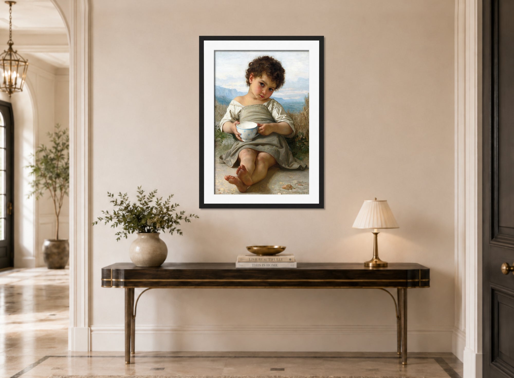 William-Adolphe Bouguereau Print, La Tasse De Lait (1879) displayed above a console table