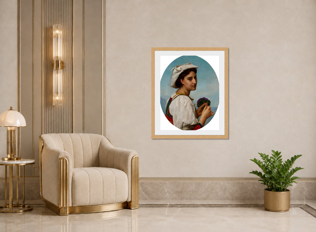 William-Adolphe Bouguereau Print, Le Bouquet de violettes (1870) displayed in an Art Deco interior