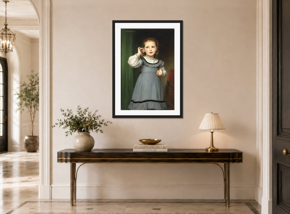 William-Adolphe Bouguereau Print, Le Bruit De La Mer (1871) displayed above a console table