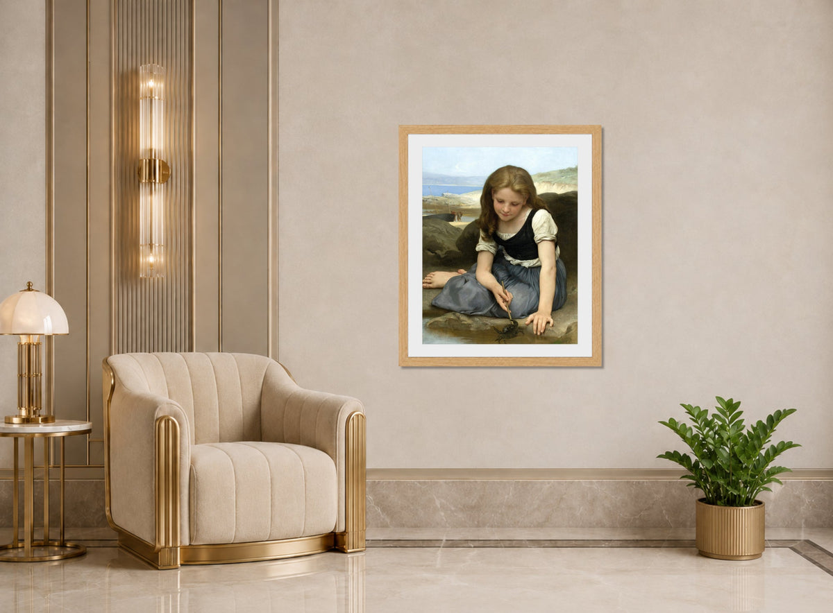 William-Adolphe Bouguereau Print, Le Crabe (1869) displayed in an Art Deco interior