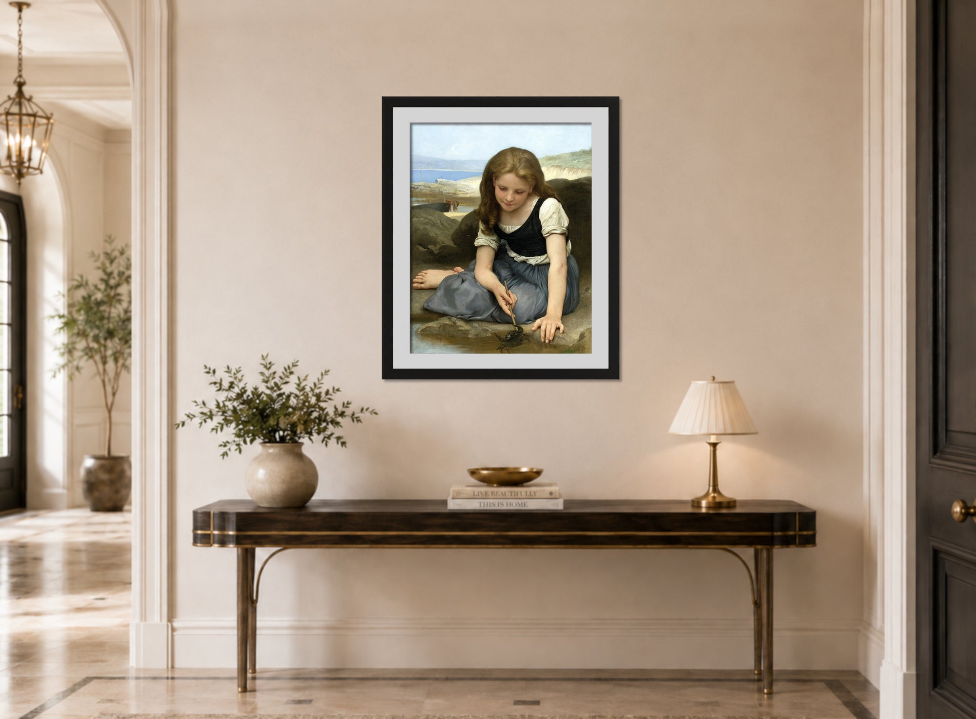 William-Adolphe Bouguereau Print, Le Crabe (1869) displayed above a console table