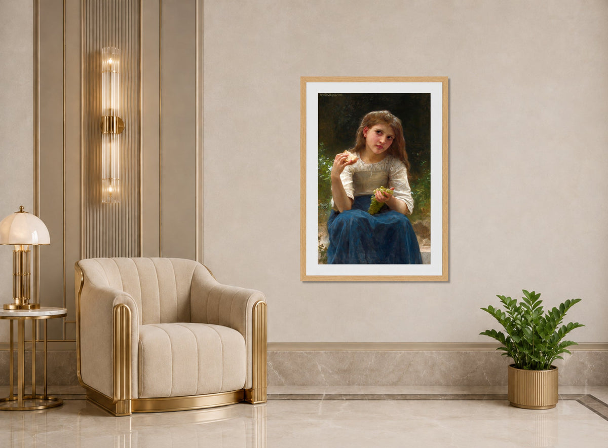 William-Adolphe Bouguereau Print, Le Goûter (1901) displayed in an Art Deco interior