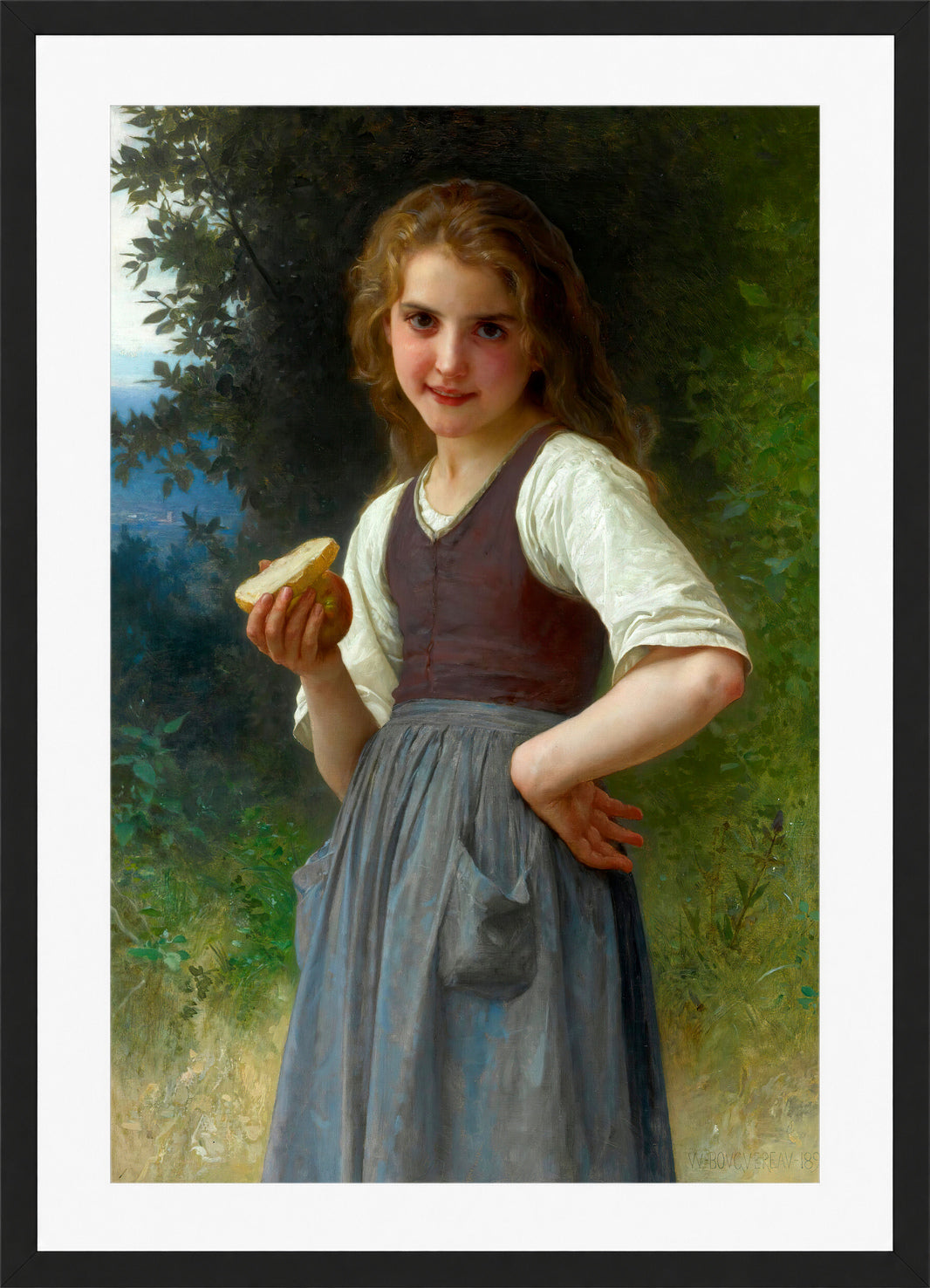 William-Adolphe Bouguereau Print, Le Goûter Aux Champs (1891) in a black frame