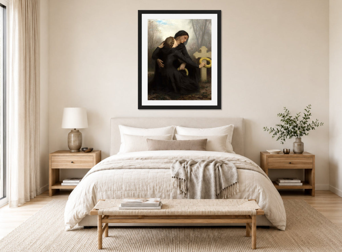 William-Adolphe Bouguereau Print, Le Jour Des Morts (All Saints Day) displayed above a bed
