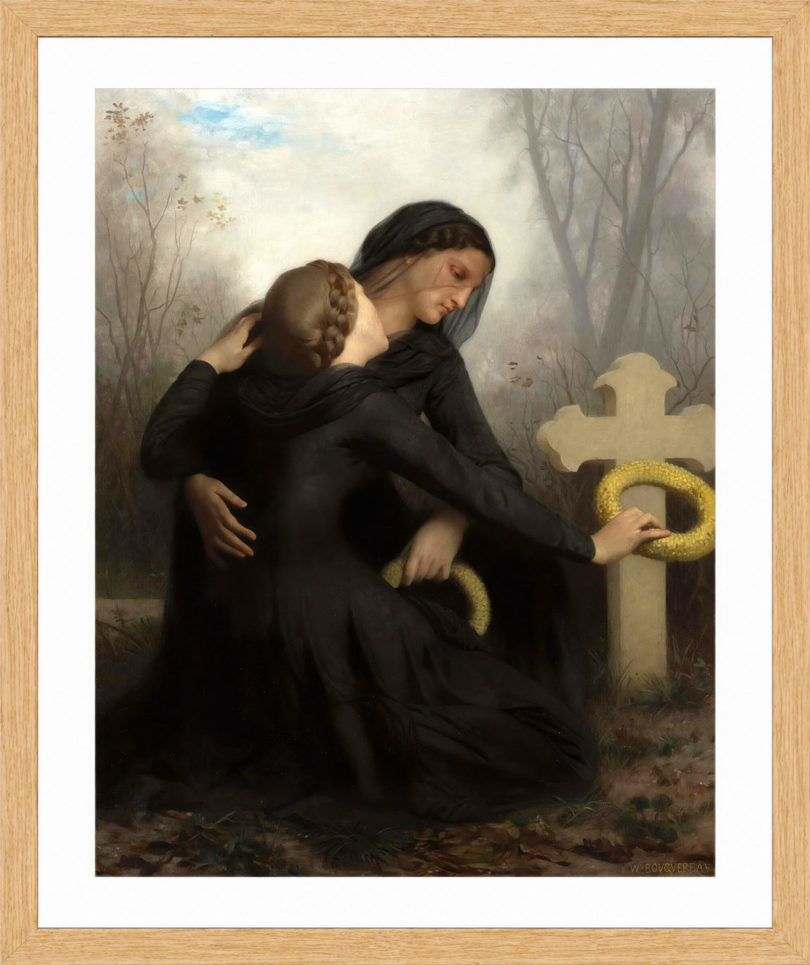 William-Adolphe Bouguereau Print, Le Jour Des Morts (All Saints Day) in a light oak frame