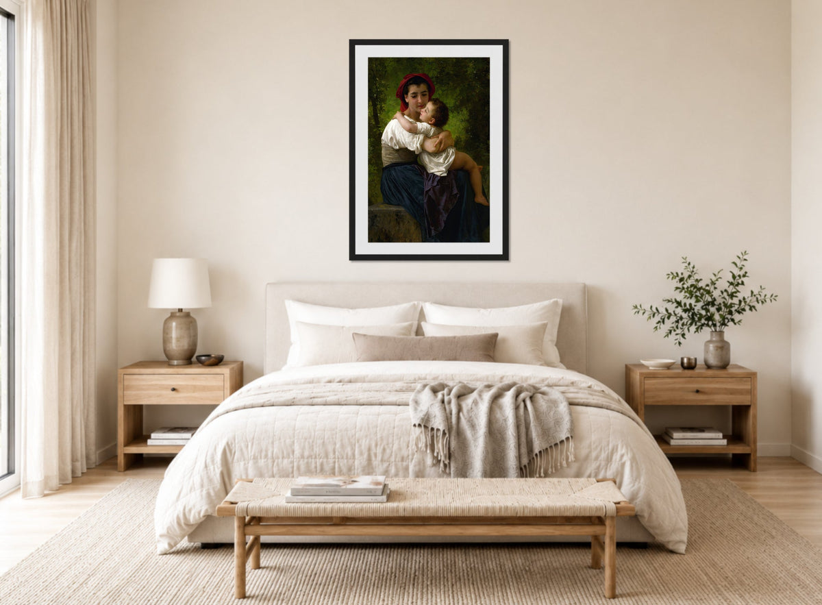 William-Adolphe Bouguereau Print, Le Petit Câlin (1878) displayed above a bed