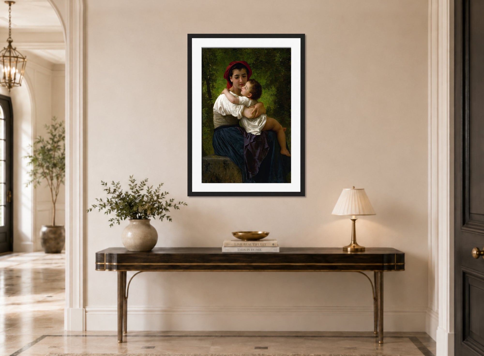William-Adolphe Bouguereau Print, Le Petit Câlin (1878) displayed above a console table