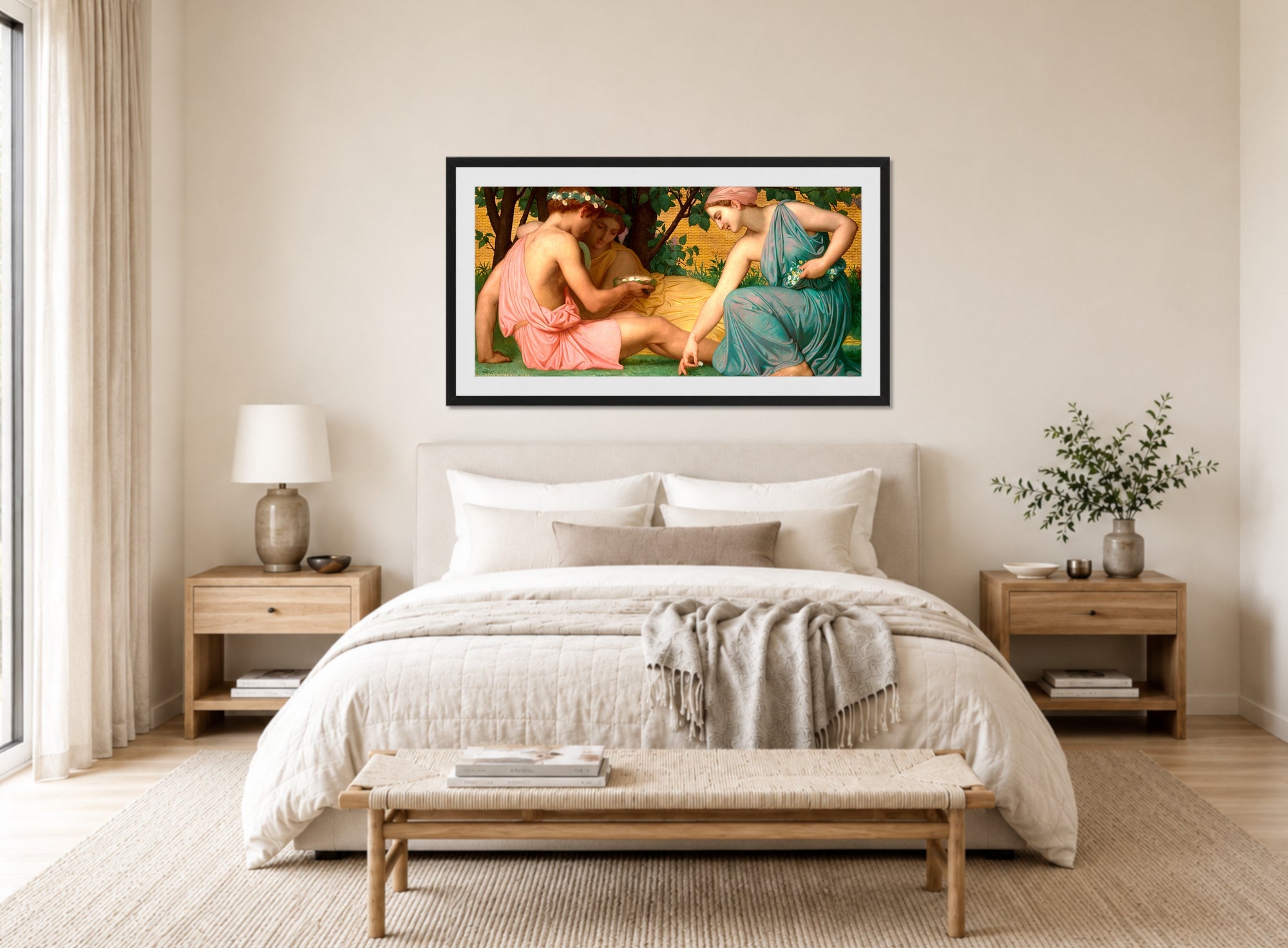 William-Adolphe Bouguereau Print, Le printemps (1858) displayed above a bed