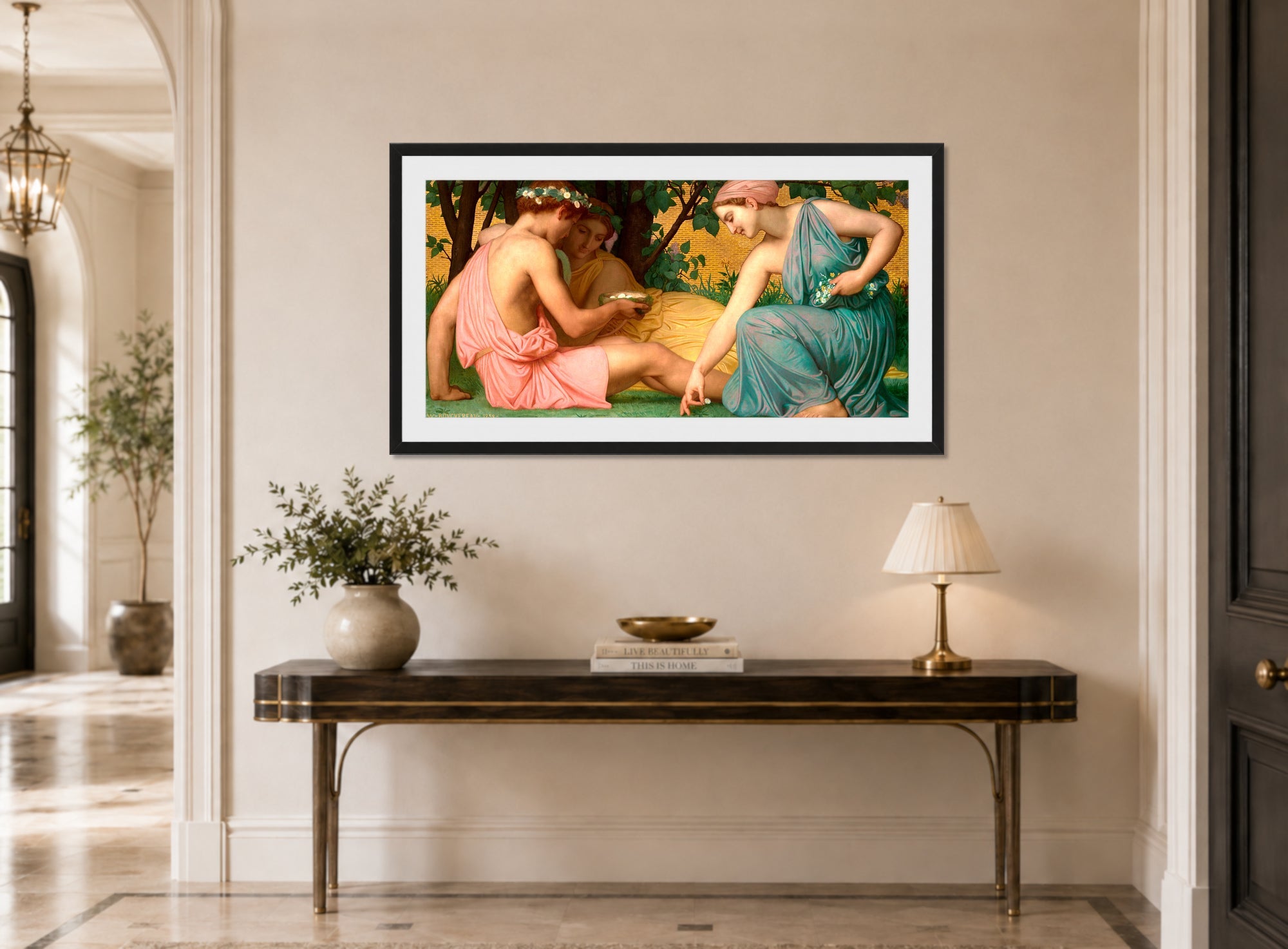 William-Adolphe Bouguereau Print, Le printemps (1858) displayed above a console table