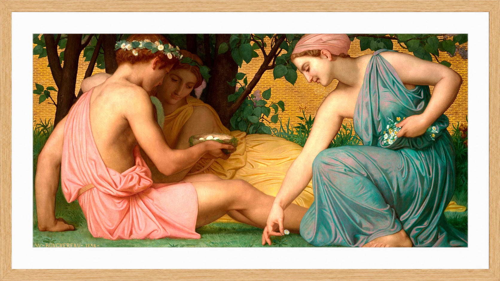 William-Adolphe Bouguereau Print, Le printemps (1858) in a light oak frame