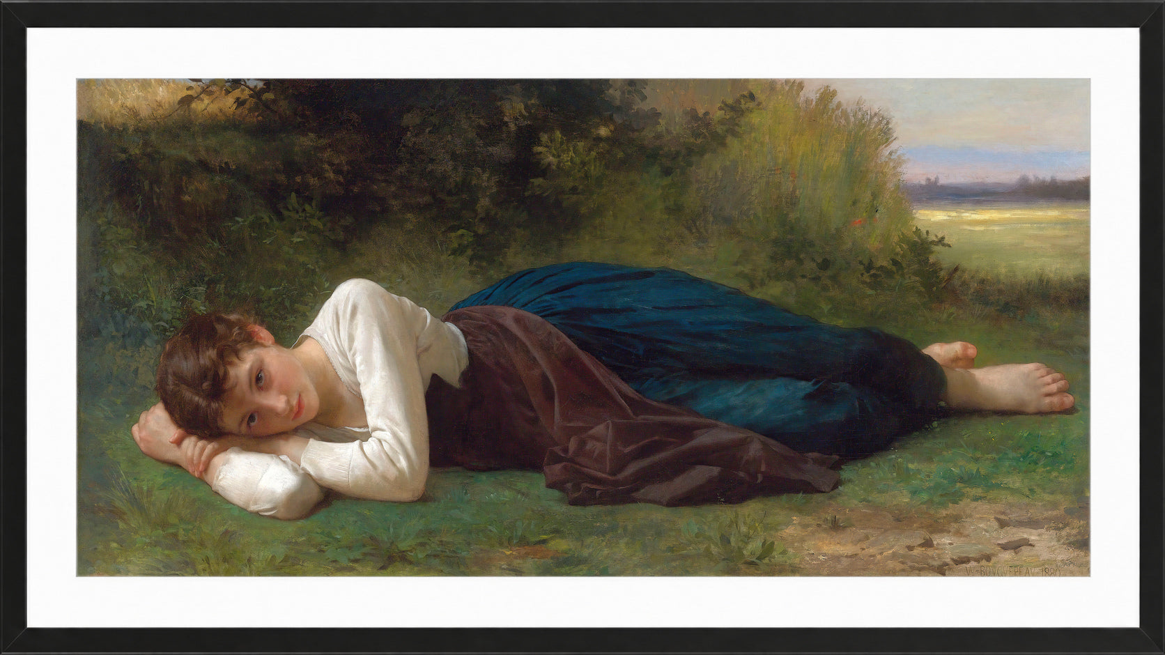 William-Adolphe Bouguereau Print, Le Repos (Jeune Fille Couchée) (1880) in a black frame