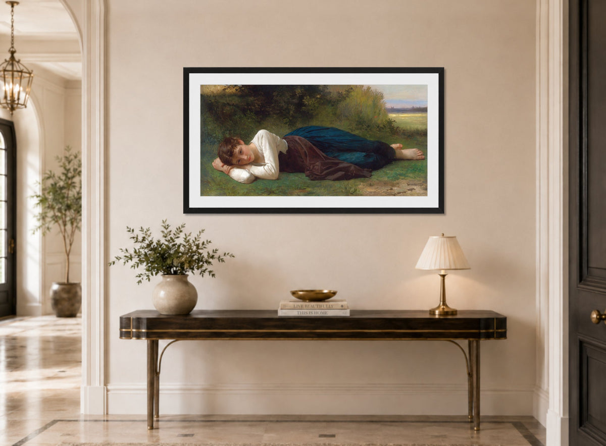 William-Adolphe Bouguereau Print, Le Repos (Jeune Fille Couchée) (1880) displayed above a console table
