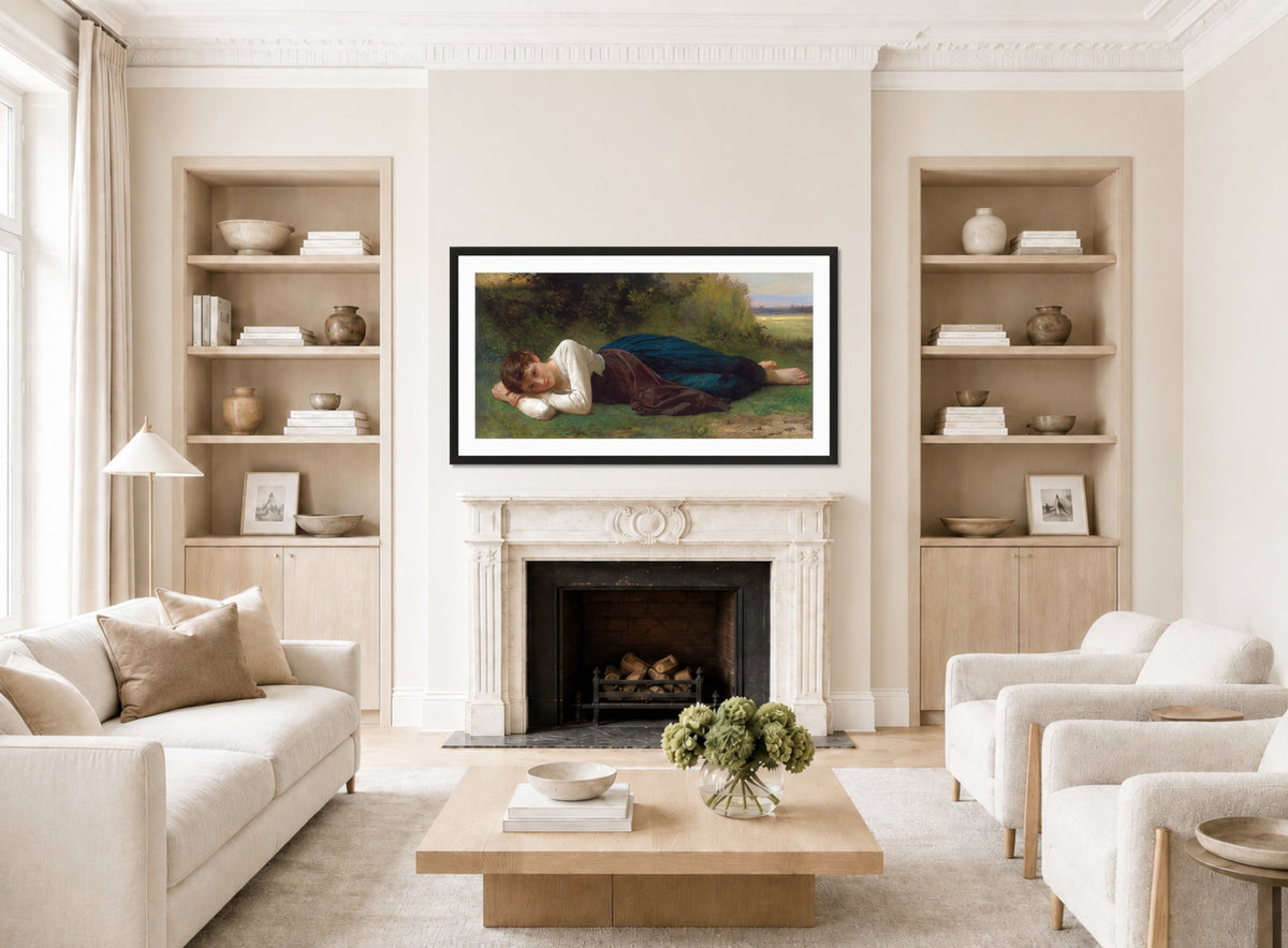 William-Adolphe Bouguereau Print, Le Repos (Jeune Fille Couchée) (1880) displayed in a Scandinavian living room