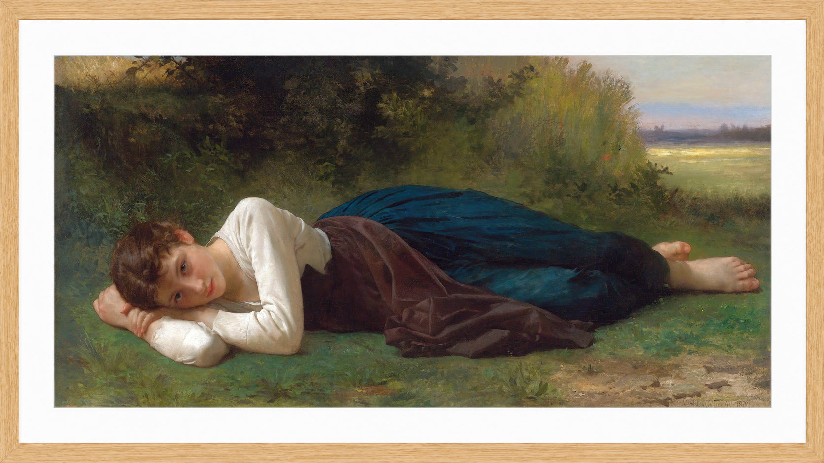 William-Adolphe Bouguereau Print, Le Repos (Jeune Fille Couchée) (1880) in a light oak frame