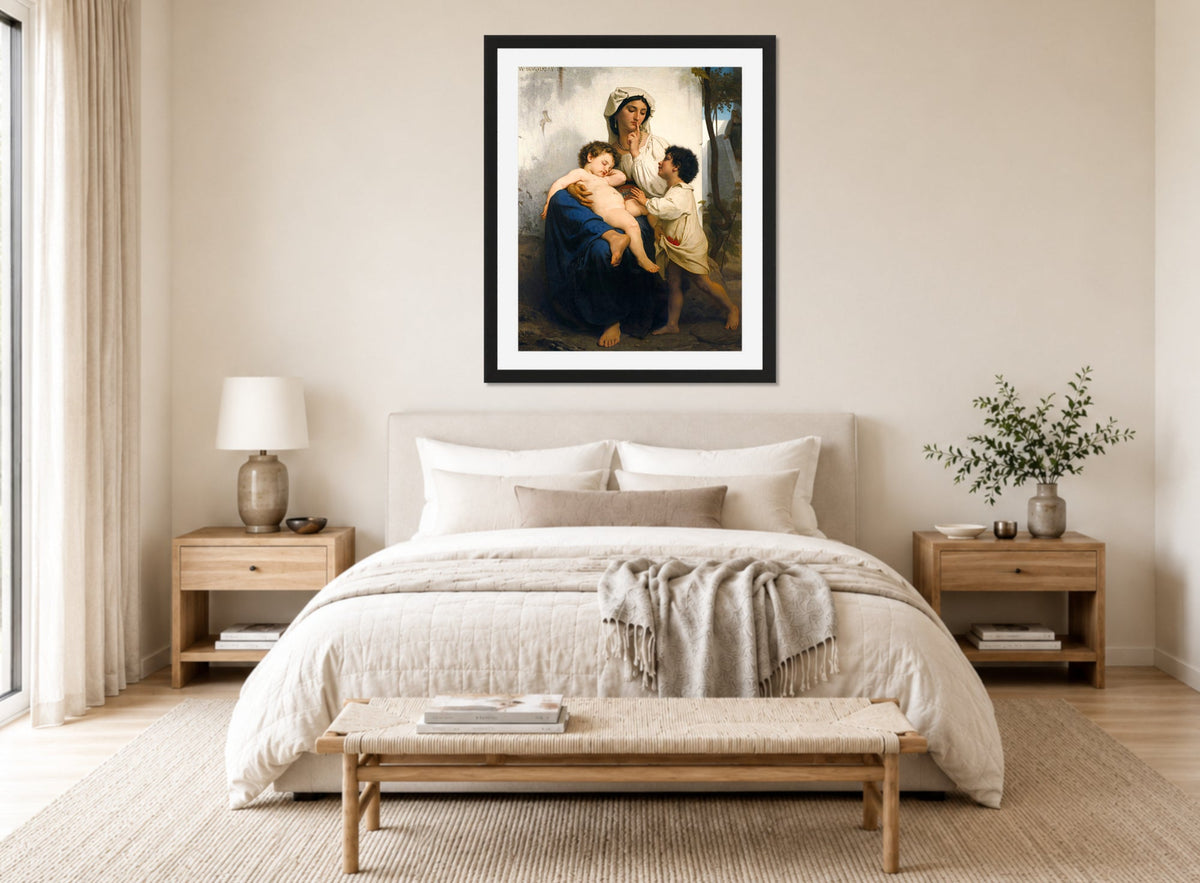 William-Adolphe Bouguereau Print, Le Sommeil (1864) displayed above a bed