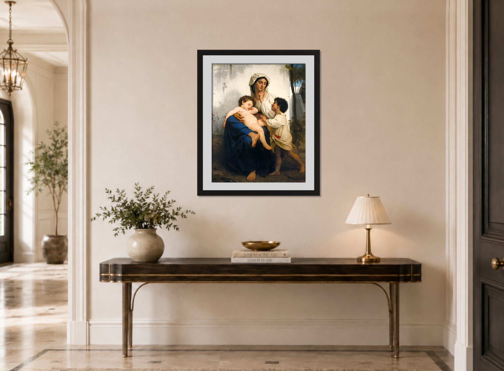 William-Adolphe Bouguereau Print, Le Sommeil (1864) displayed above a console table