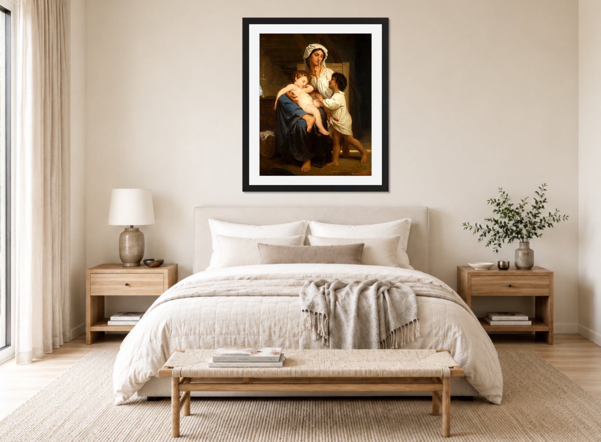 William-Adolphe Bouguereau Print, Le sommeil displayed above a bed