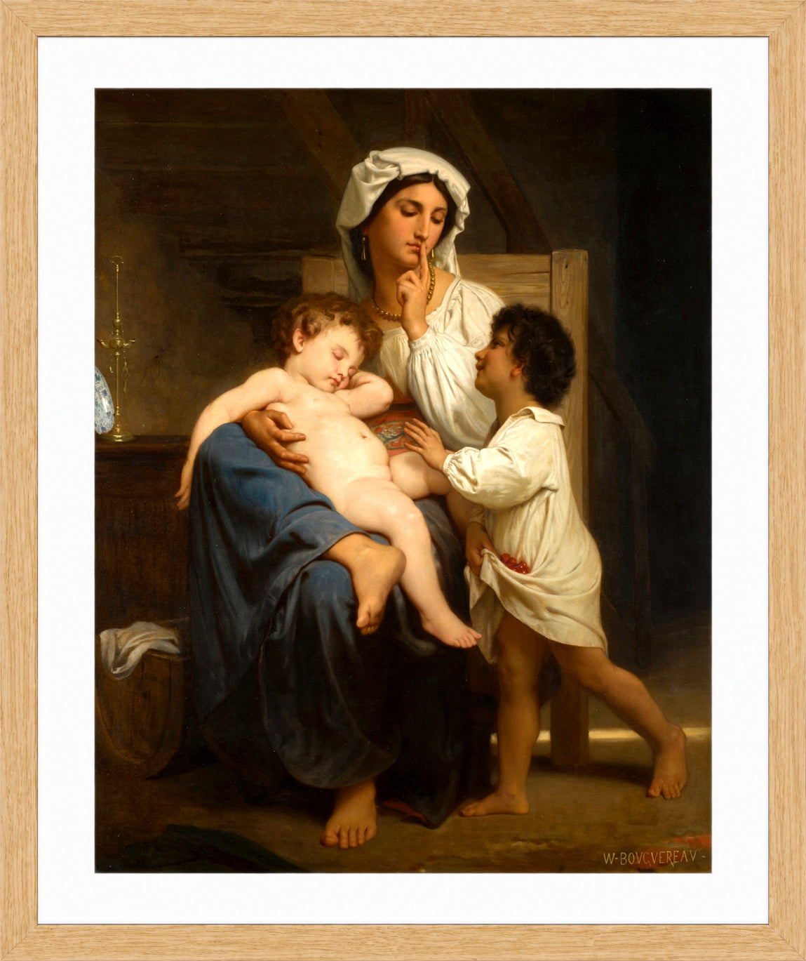 William-Adolphe Bouguereau Print, Le sommeil in a light oak frame