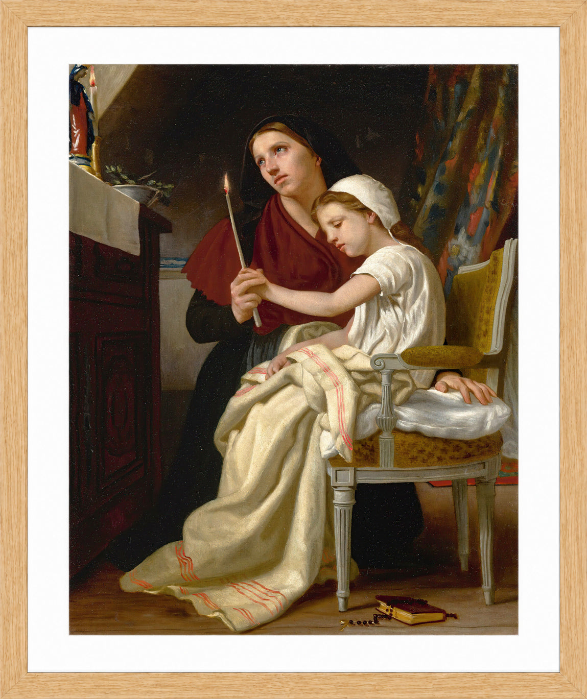 William-Adolphe Bouguereau Print, Le Voeu in a light oak frame