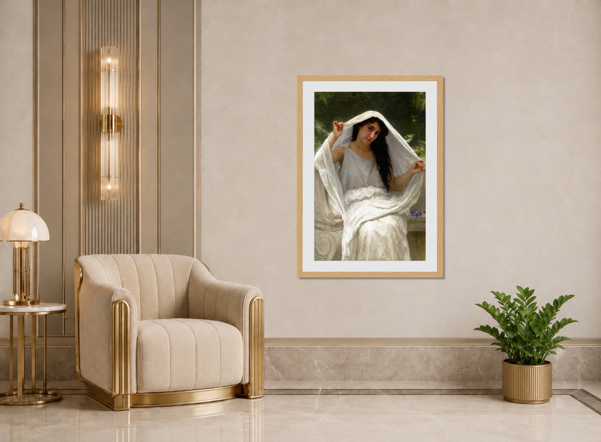 William-Adolphe Bouguereau Print, Le Voile (1898) displayed in an Art Deco interior