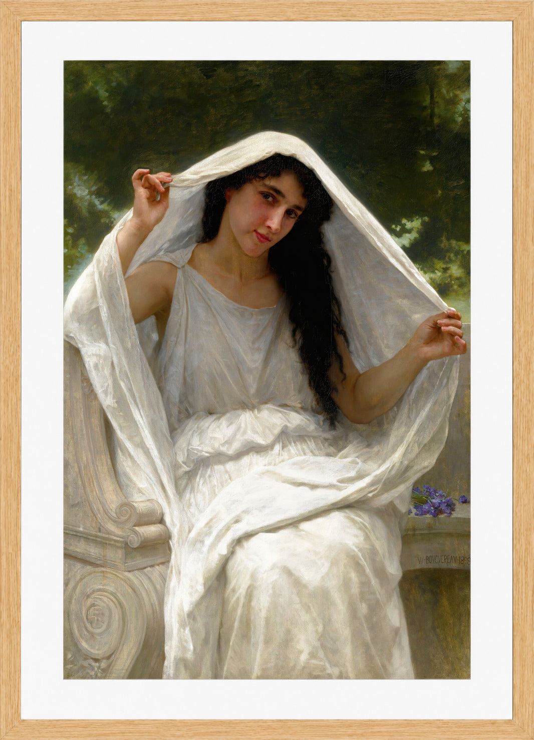 William-Adolphe Bouguereau Print, Le Voile (1898) in a light oak frame