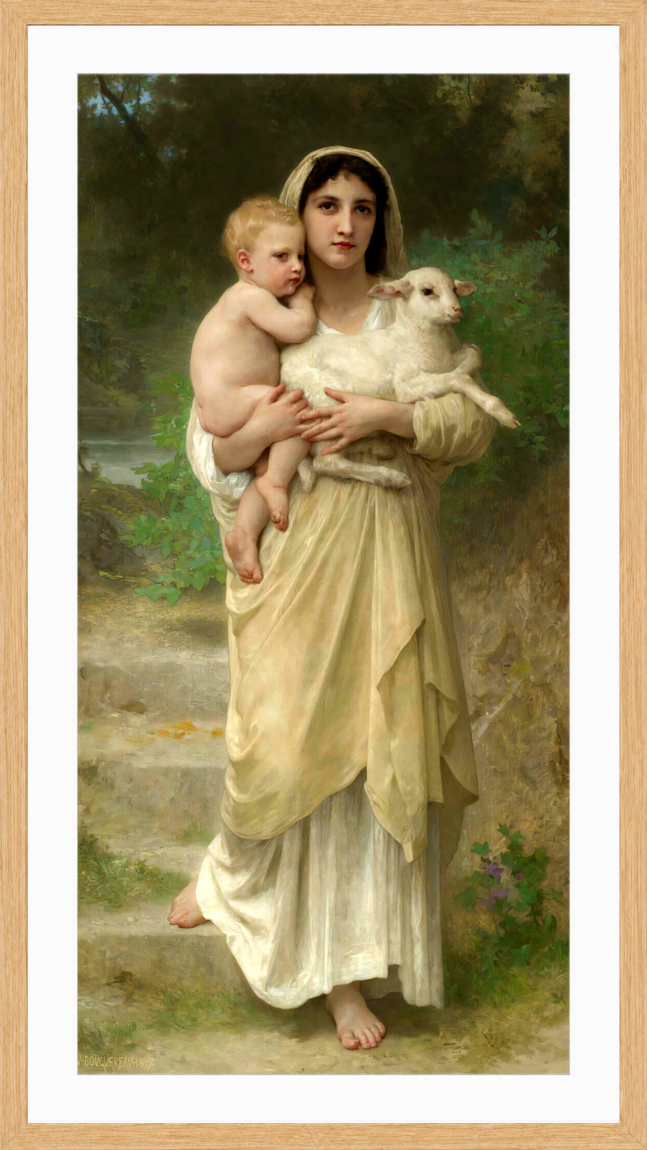 William-Adolphe Bouguereau Print, Les Agneaux (1897) in a light oak frame