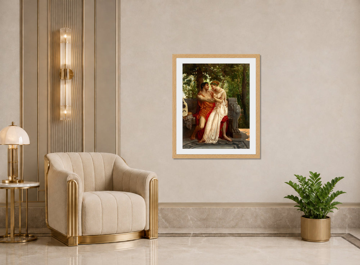 William-Adolphe Bouguereau Print, Les amoureux (1850) displayed in an Art Deco interior