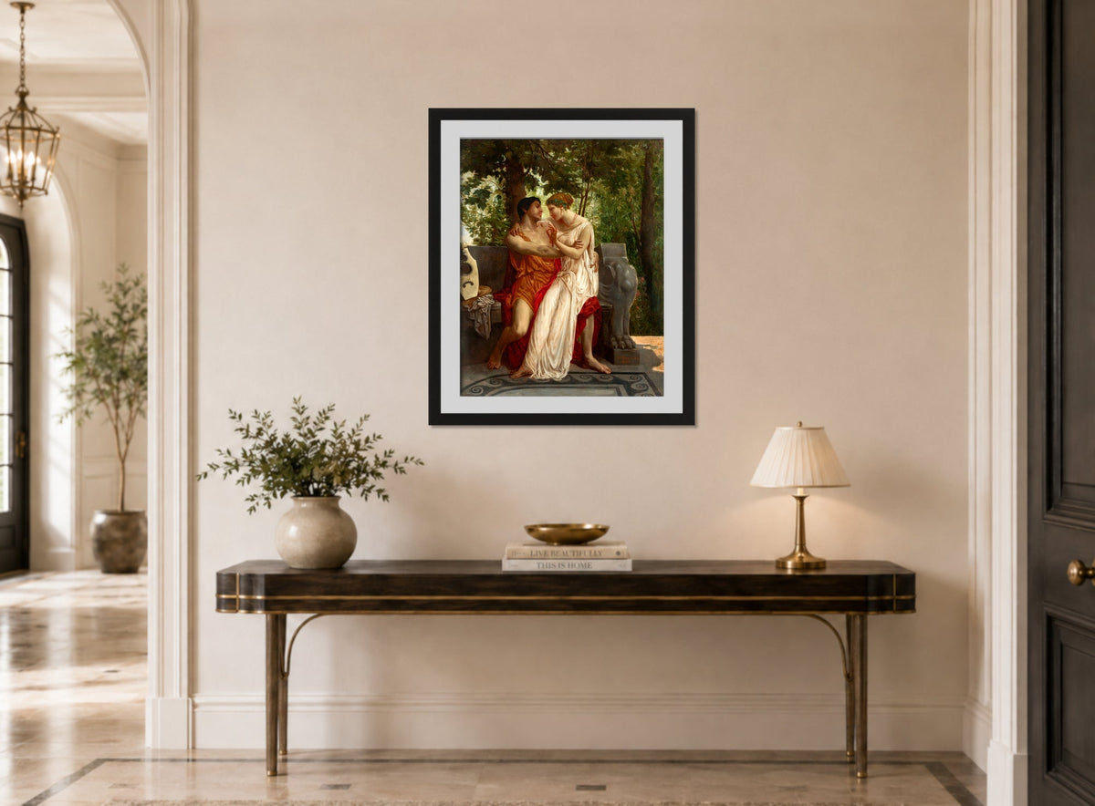 William-Adolphe Bouguereau Print, Les amoureux (1850) displayed above a console table