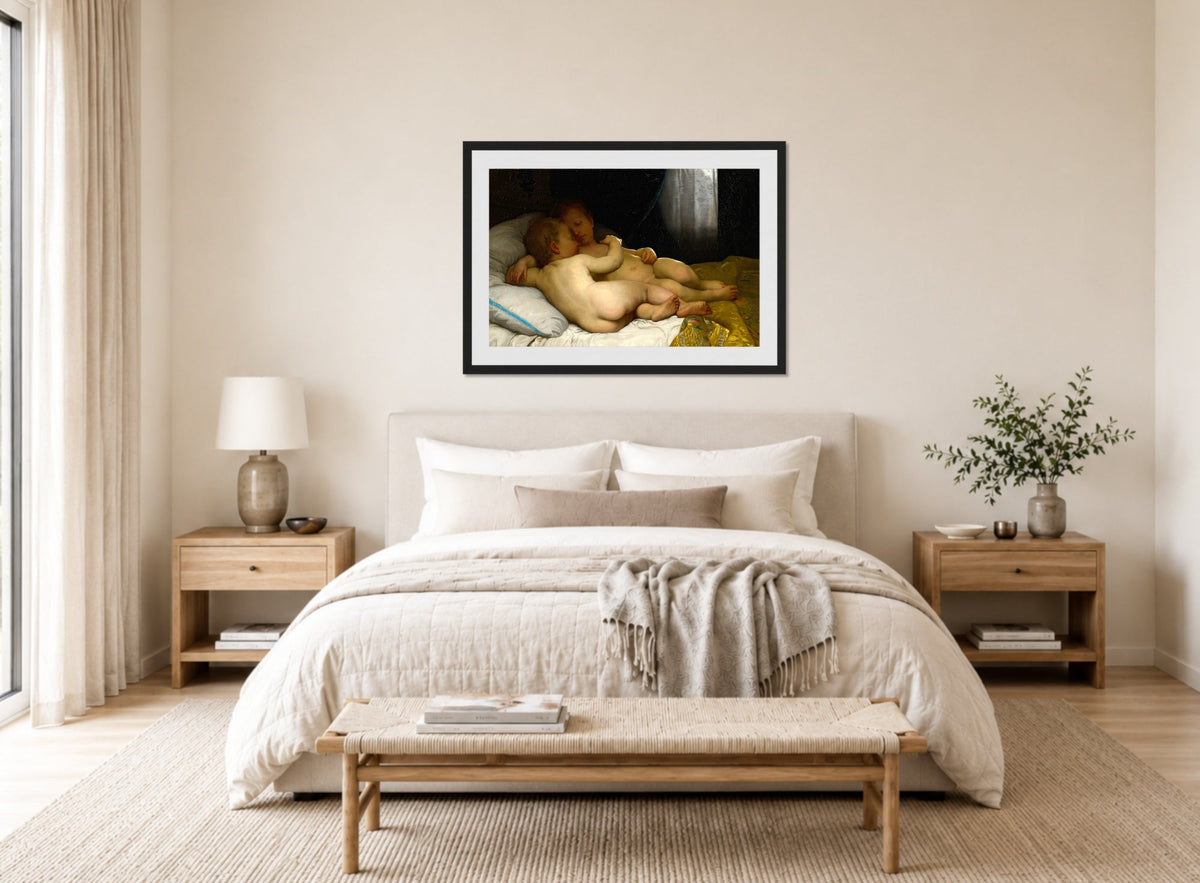 William-Adolphe Bouguereau Print, Les enfants endormis (1868) displayed above a bed