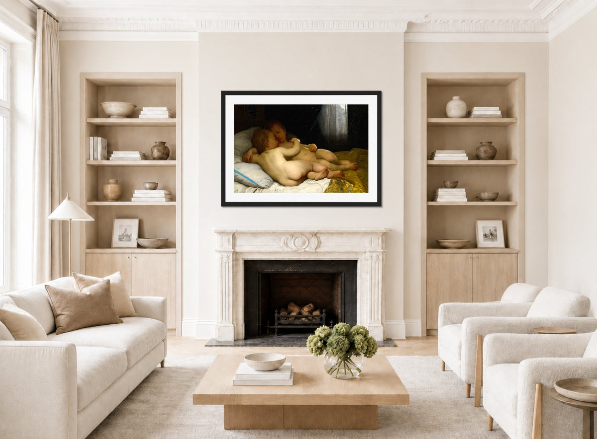 William-Adolphe Bouguereau Print, Les enfants endormis (1868) displayed in a Scandinavian living room