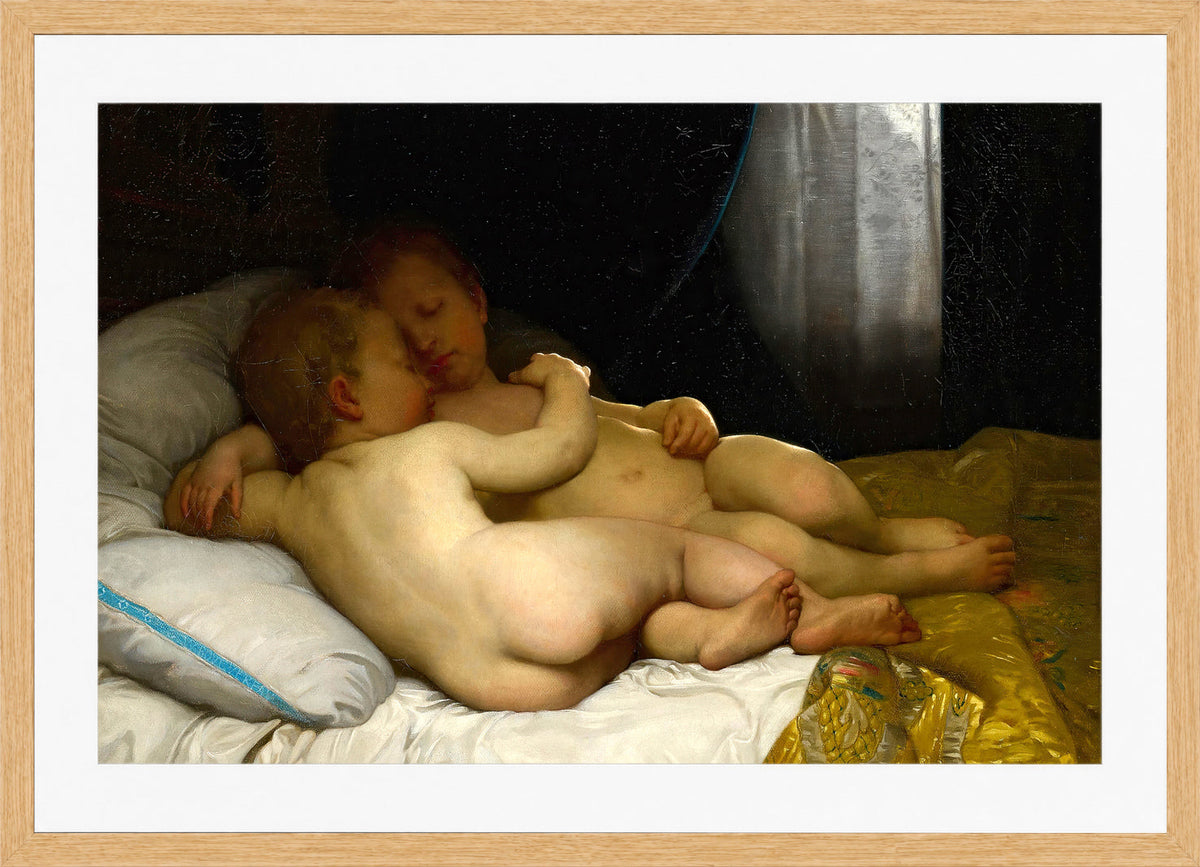 William-Adolphe Bouguereau Print, Les enfants endormis (1868) in a light oak frame