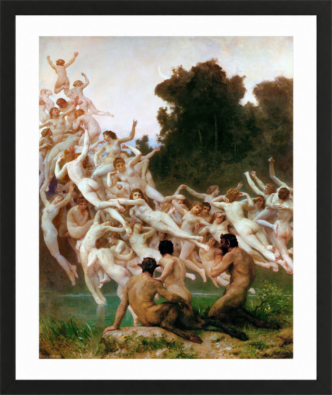 William-Adolphe Bouguereau Print, Les Oréades (1902) in a black frame