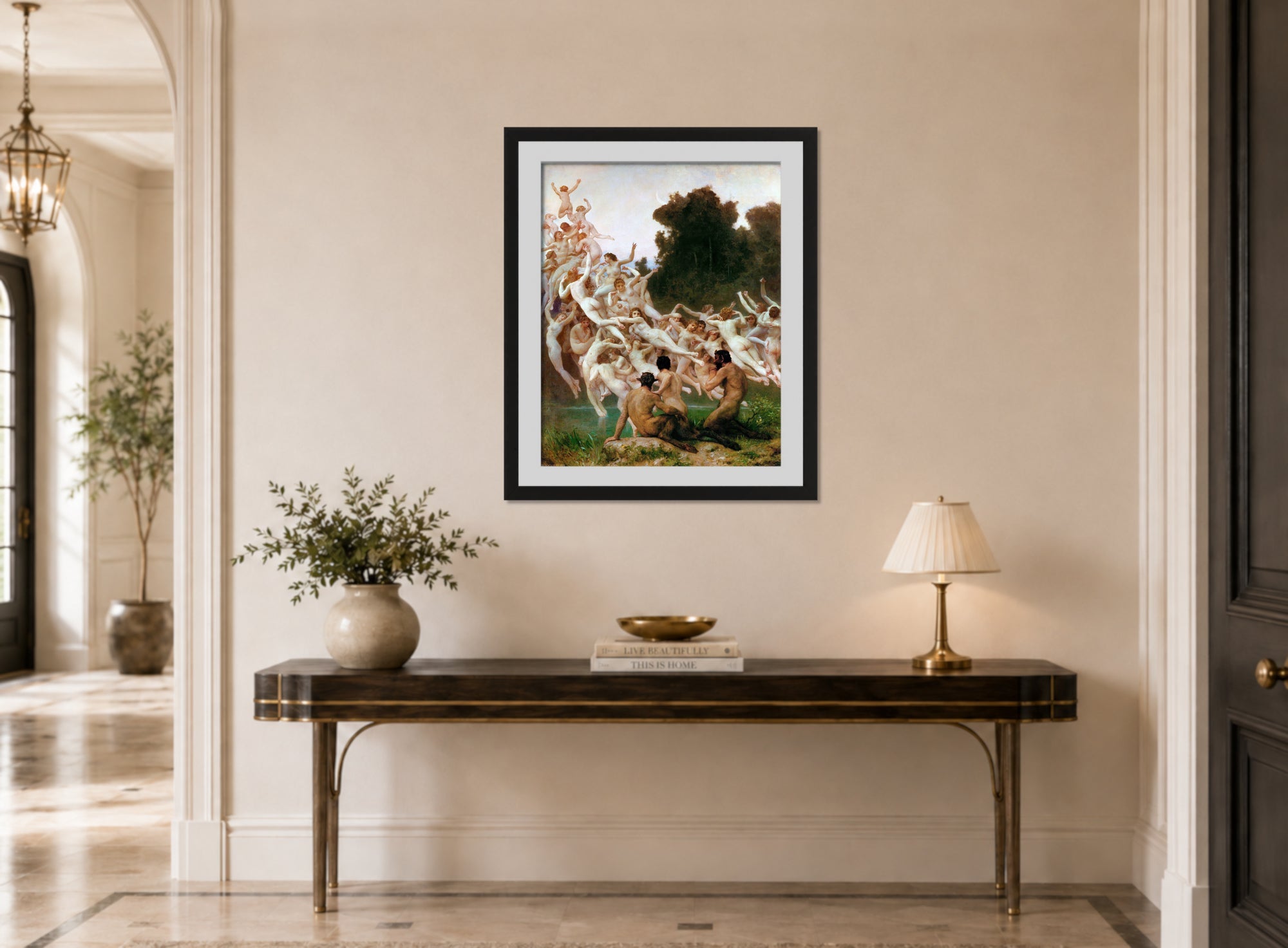 William-Adolphe Bouguereau Print, Les Oréades (1902) displayed above a console table
