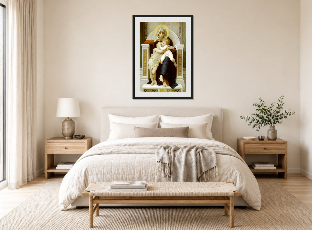 William-Adolphe Bouguereau Print, Madonna with child and John the Baptist (1875) displayed above a bed