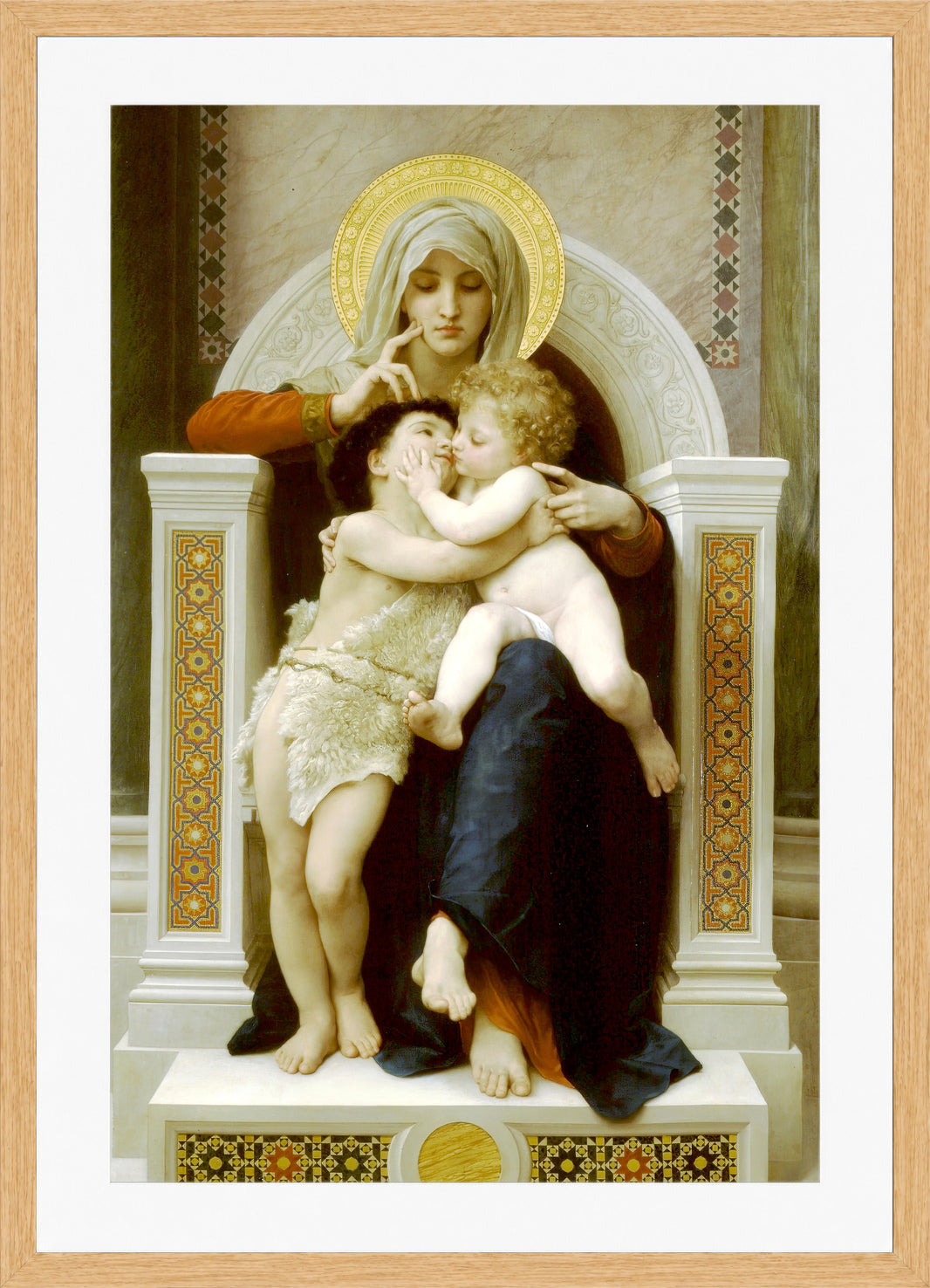 William-Adolphe Bouguereau Print, Madonna with child and John the Baptist (1875) in a light oak frame
