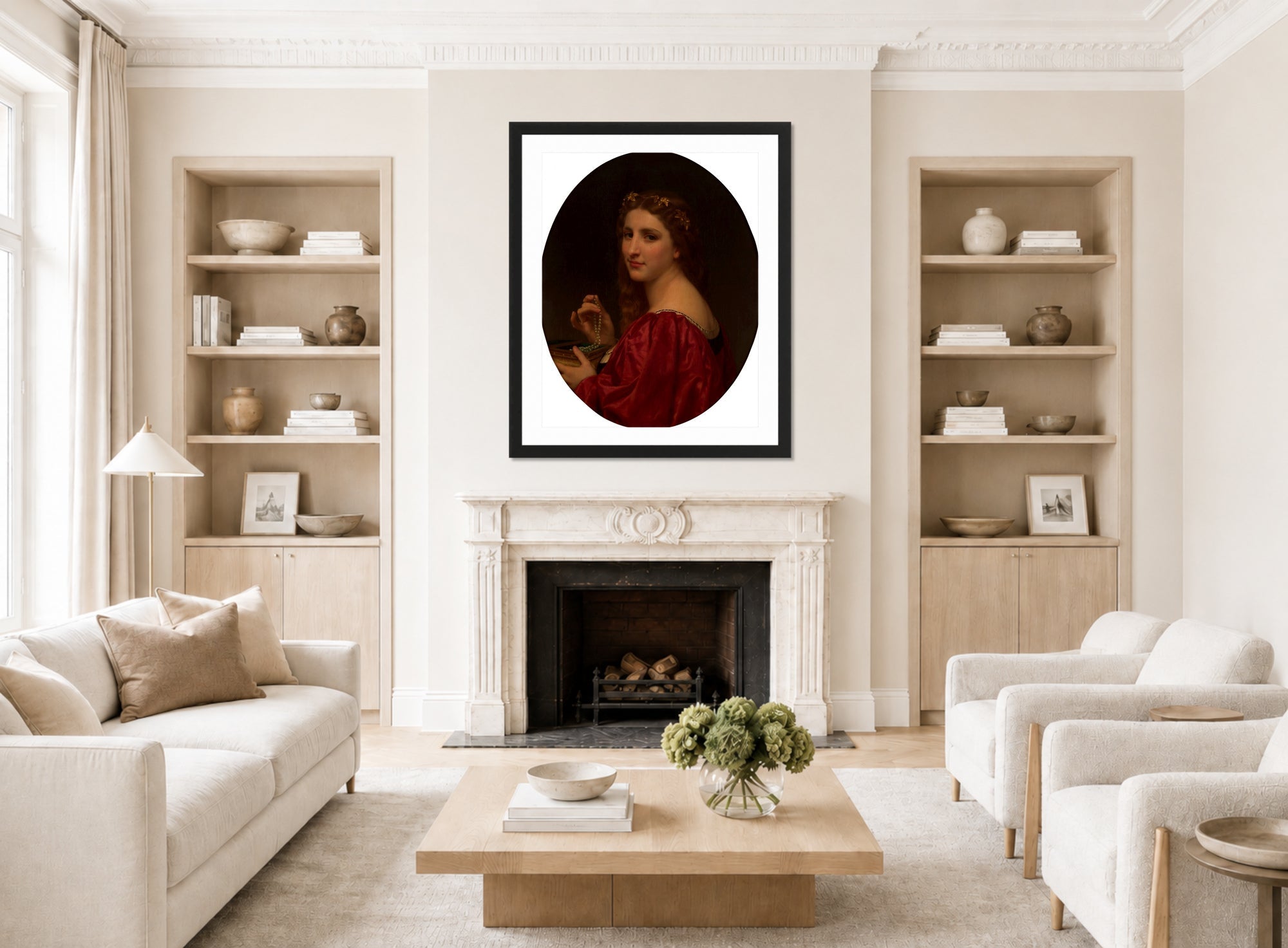 William-Adolphe Bouguereau Print, Marguerite (1868) displayed in a Scandinavian living room