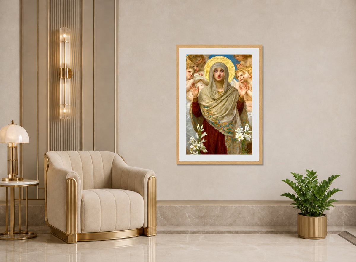William-Adolphe Bouguereau Print, Ora Pro Nobis (1903) displayed in an Art Deco interior