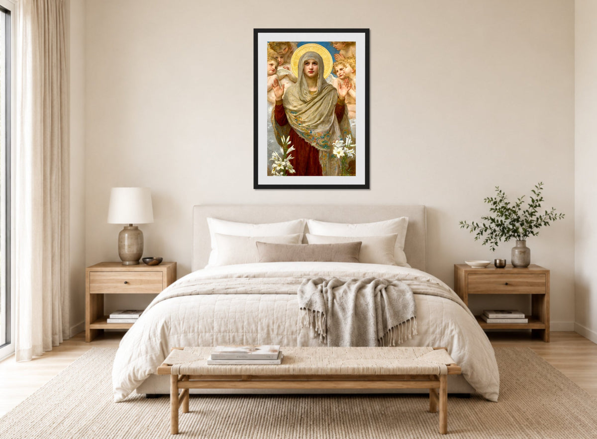 William-Adolphe Bouguereau Print, Ora Pro Nobis (1903) displayed above a bed