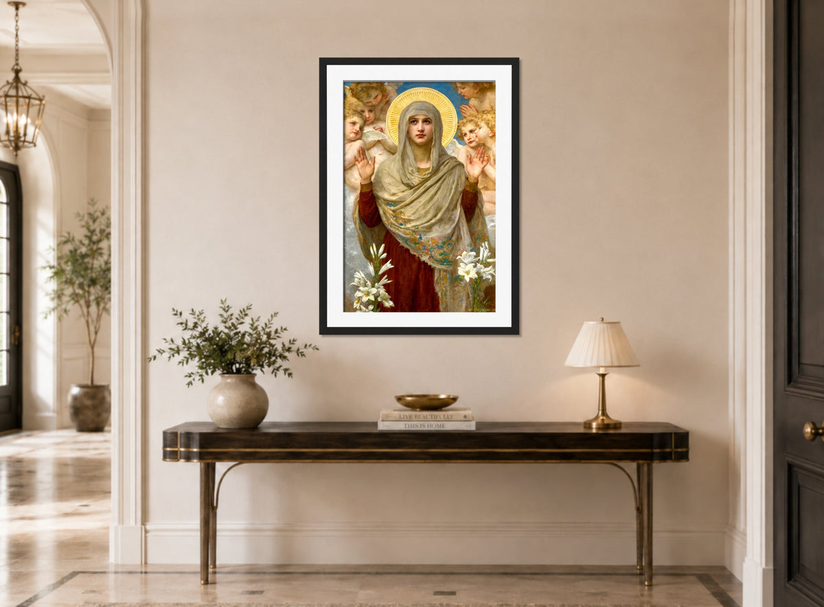 William-Adolphe Bouguereau Print, Ora Pro Nobis (1903) displayed above a console table