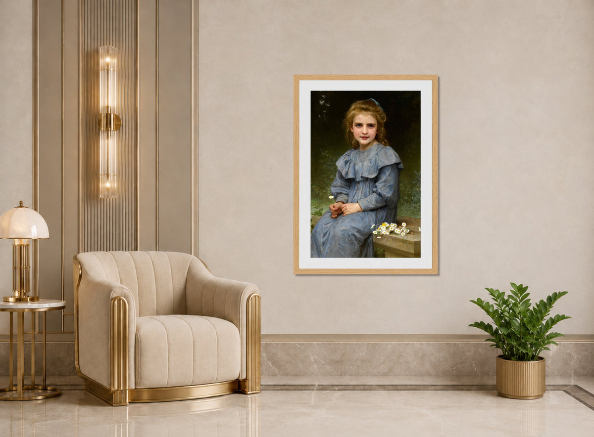 William-Adolphe Bouguereau Print, Pâquerettes (1894) displayed in an Art Deco interior