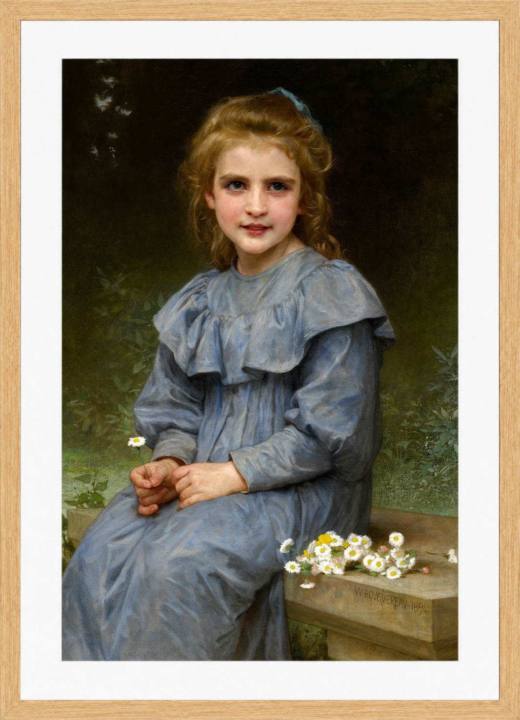 William-Adolphe Bouguereau Print, Pâquerettes (1894) in a light oak frame
