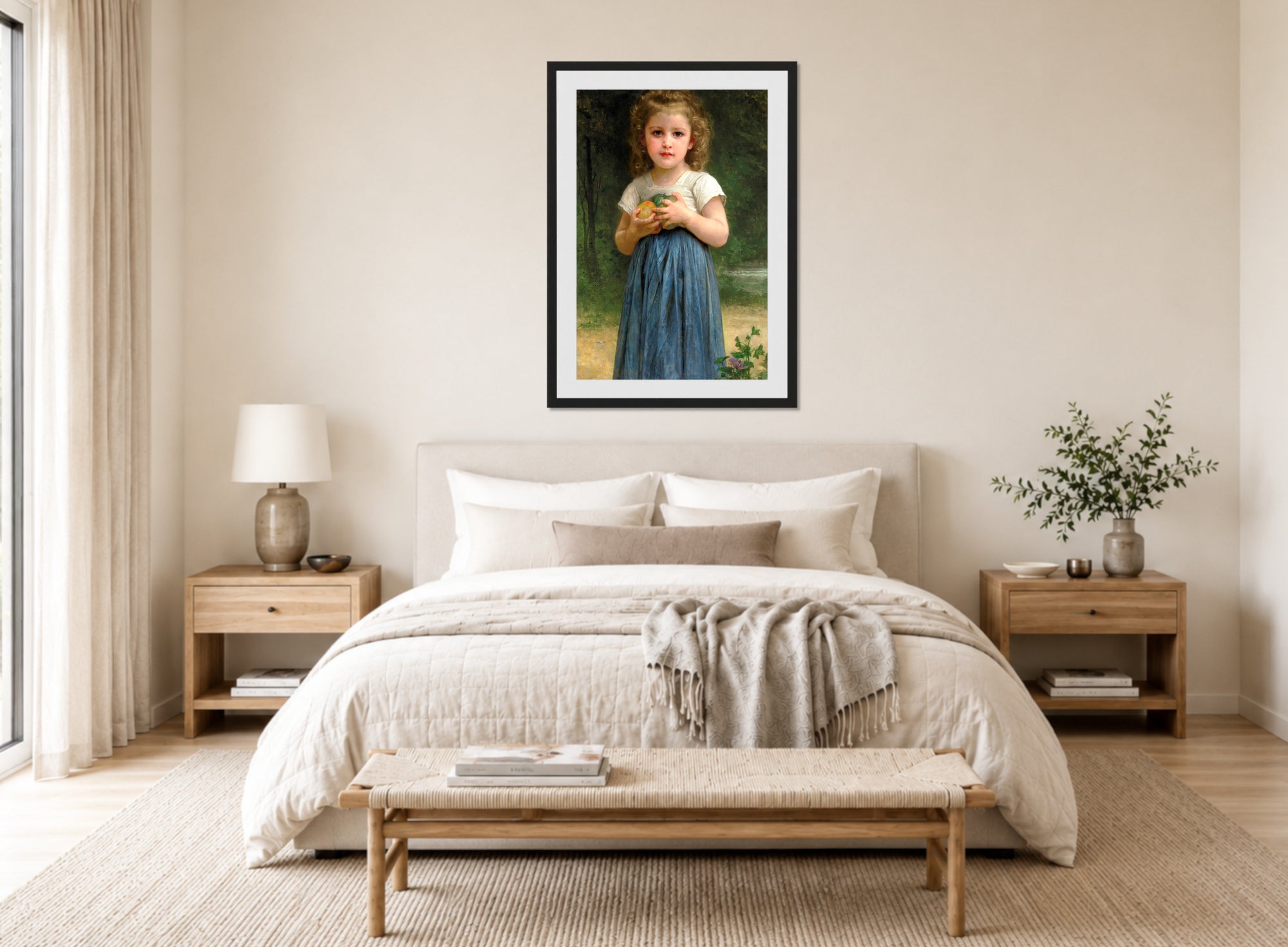William-Adolphe Bouguereau Print, Petite fille tenant des pommes dans les mains (1895) displayed above a bed