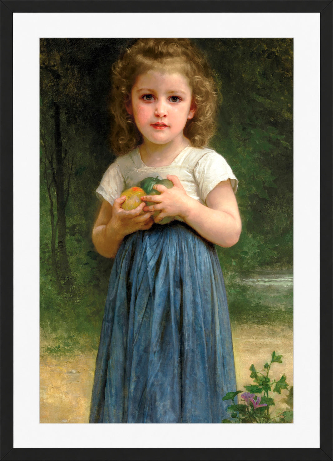William-Adolphe Bouguereau Print, Petite fille tenant des pommes dans les mains (1895) in a black frame