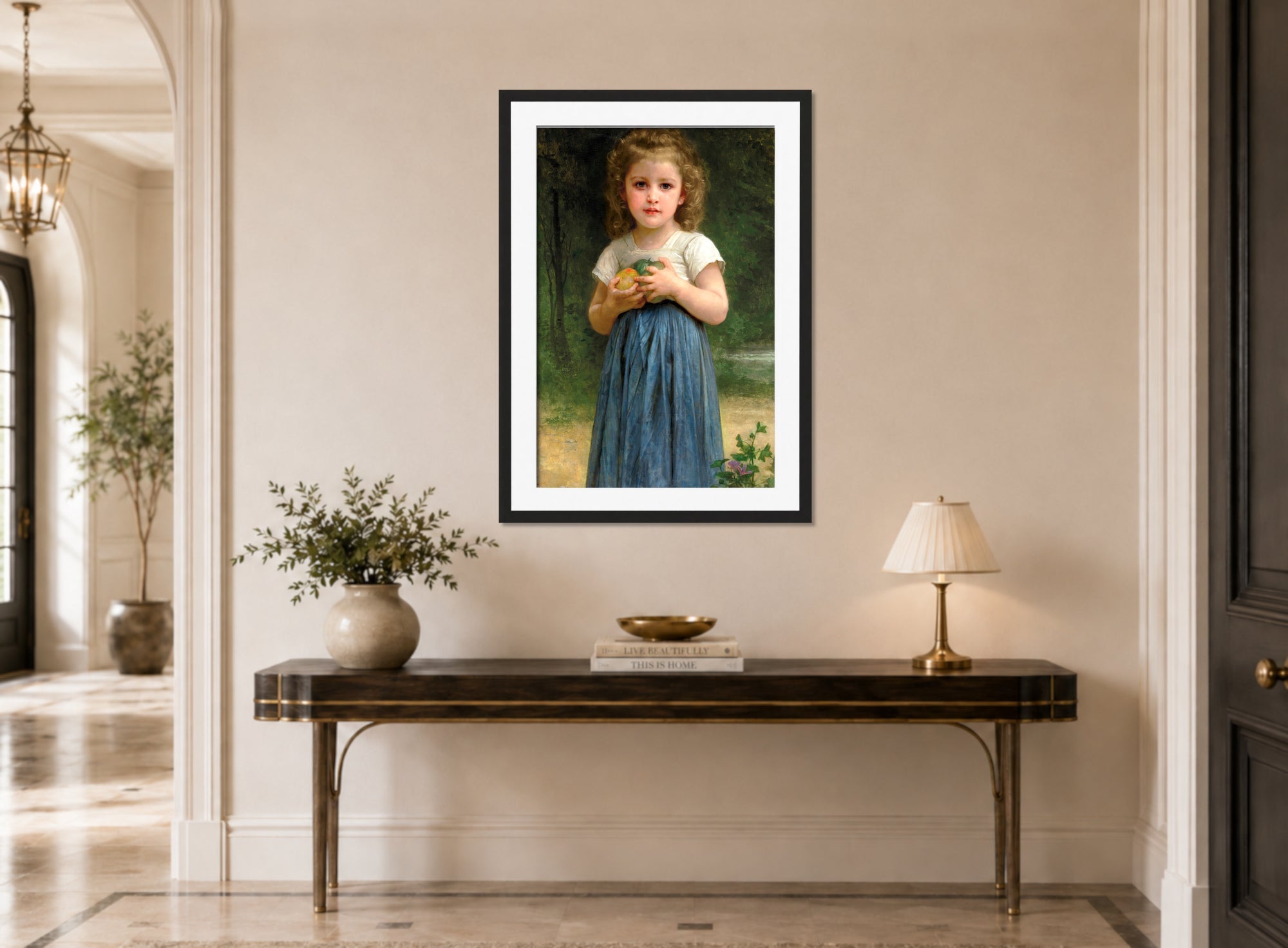 William-Adolphe Bouguereau Print, Petite fille tenant des pommes dans les mains (1895) displayed above a console table