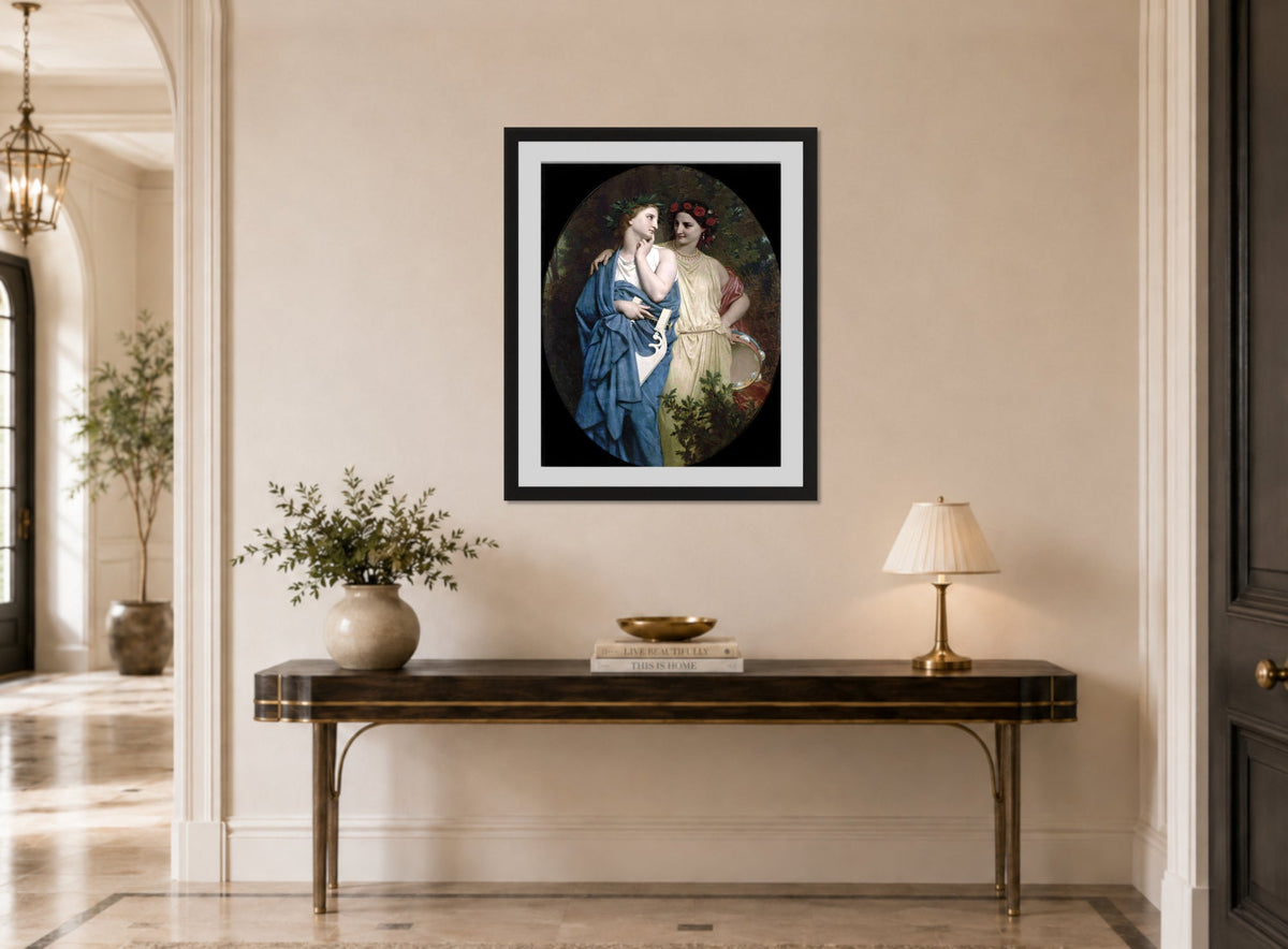 William-Adolphe Bouguereau Print, Philomela and Procne (1861) displayed above a console table