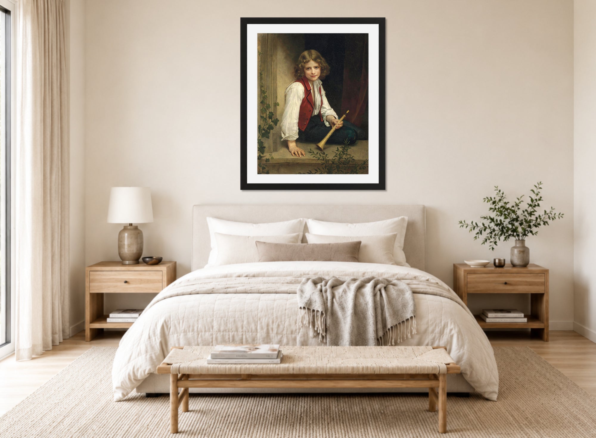 William-Adolphe Bouguereau Print, Pifferaro (1870) displayed above a bed