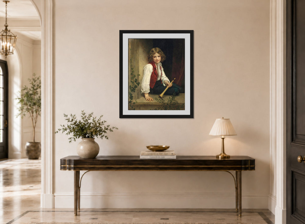 William-Adolphe Bouguereau Print, Pifferaro (1870) displayed above a console table