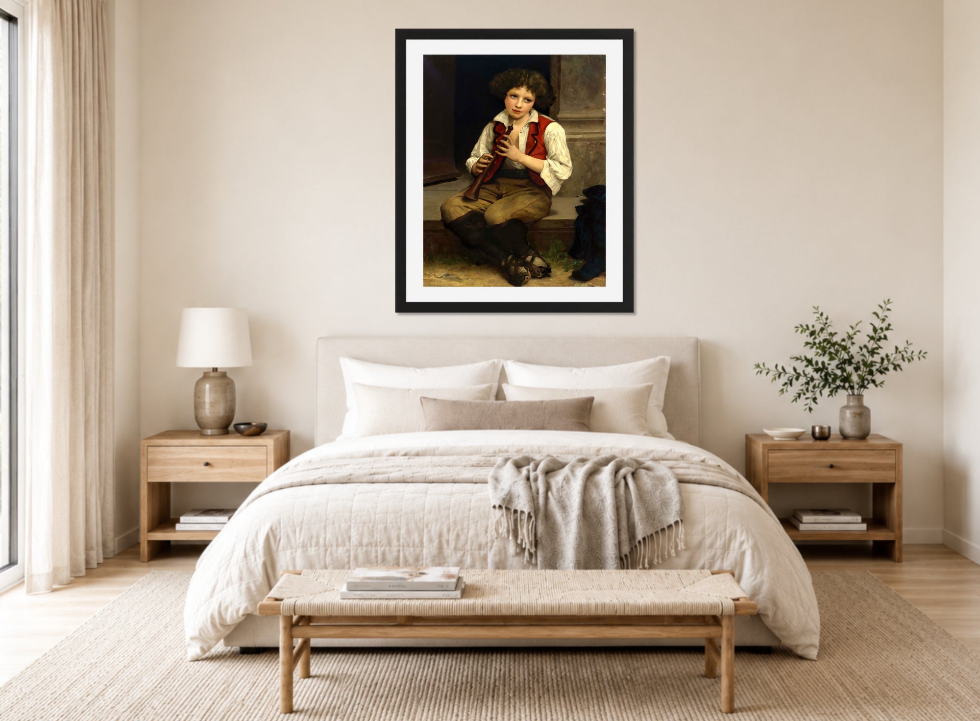William-Adolphe Bouguereau Print, Pifferaro (1874) displayed above a bed
