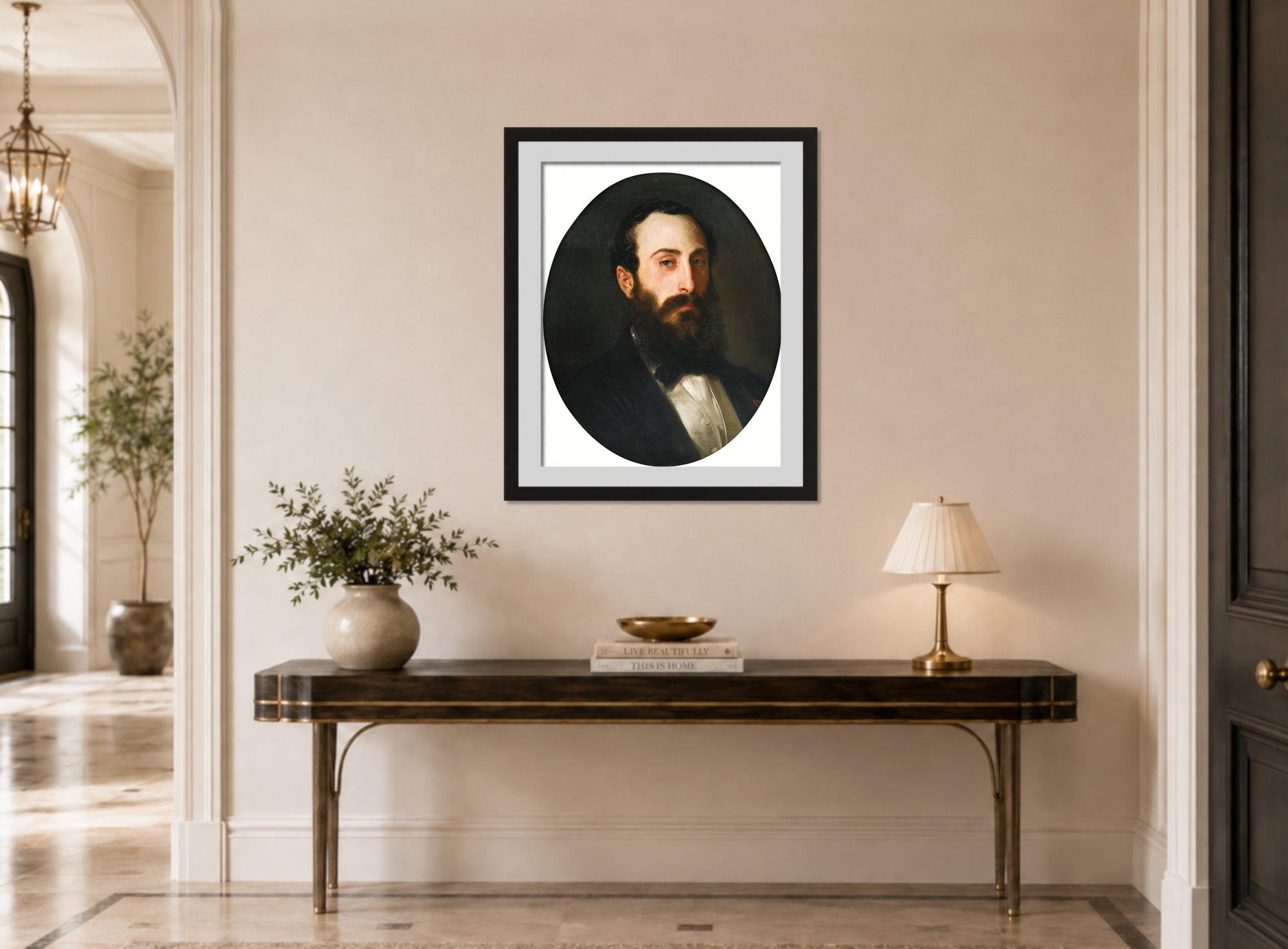 William-Adolphe Bouguereau Print, Portrait de Fernand Bartholoni displayed above a console table