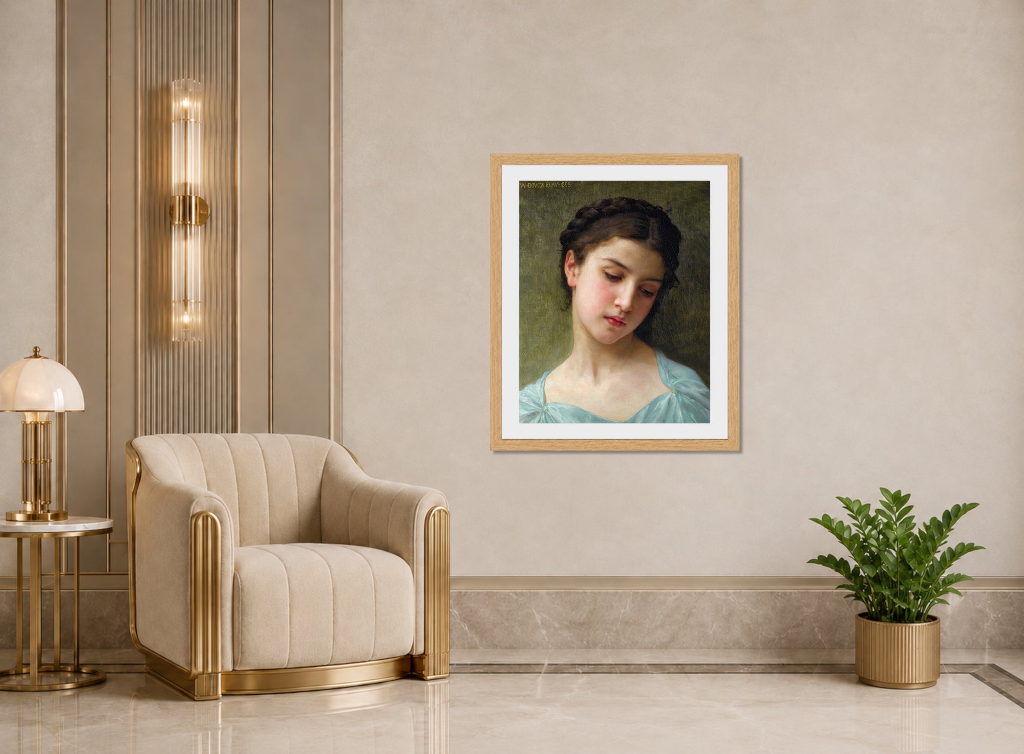 William-Adolphe Bouguereau Print, Portrait De Jeune Fille (1898) displayed in an Art Deco interior